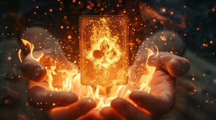 a hand holding a card with a heart on it and flames surrounding it