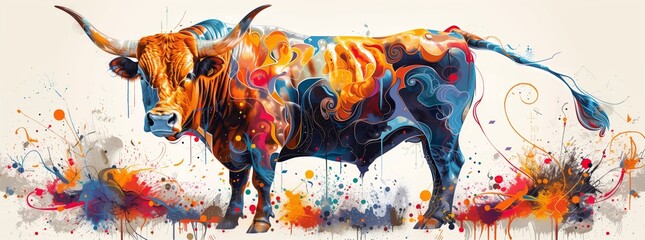Wall Mural - Vibrant Abstract Painting of a Bull with Colorful Splashes