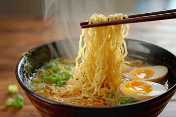 Canvas Print - Steaming Bowl of Japanese Ramen with Egg and Green Onions  