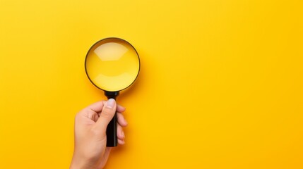 Hand holding magnifying glass on isolated yellow background 