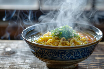 Wall Mural - Steaming Bowl of Japanese Ramen with Detailed Noodle Textures  