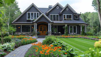 Grey Exterior American Home: Front Yard in Full Bloom

