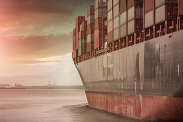 Vast Container Ship Navigating Ocean Waters at Sunset - Cargo, Shipping, Maritime Transport, Tranquil Evening Scene