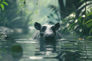Wall Mural - a tapir swims in a deep river