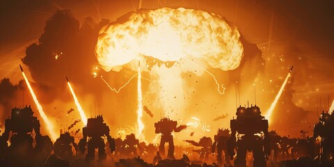 Atomic war with a nuclear bomb, military intelligent robots and drones rule the earth, world conflict between nuclear powers.	
