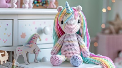 Sticker - unicorn made of crochet on dresser with white drawer in baby room generative ai