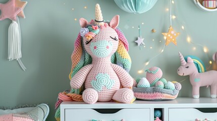 Sticker - unicorn made of crochet on dresser with white drawer in baby room generative ai