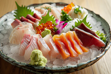 Wall Mural - Fresh and Elegant Assorted Sashimi Platter on Icy Backdrop  