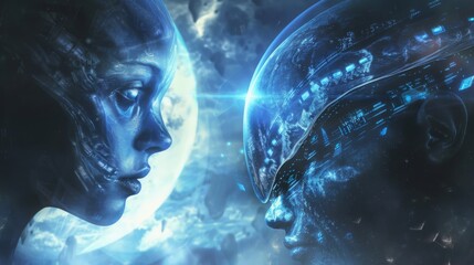 two alien beings with glowing blue skin and intricate designs face each other, set against a futuris
