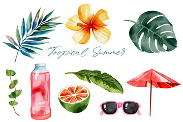 Wall Mural - Hand drawn summertime clipart. Watercolor tropical set. Summer beach. Exotic flower. Palm leaves.