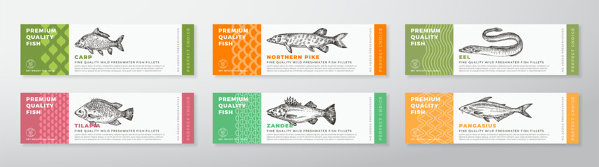 Wall Mural - Fish Seafood Vector Packaging Label Design Collection Modern Typography and Hand Drawn Tilapia, Eel, Pike and Pangasius Product Background Layouts Set