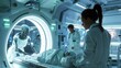 © Emiliia - A medical team and an android surgeon perform a complex surgery on a patient in a futuristic, high-tech hospital room at night.
