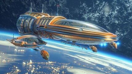 Poster - a large, advanced spaceship and a smaller accompanying vessel orbit earth, showcasing city lights sc
