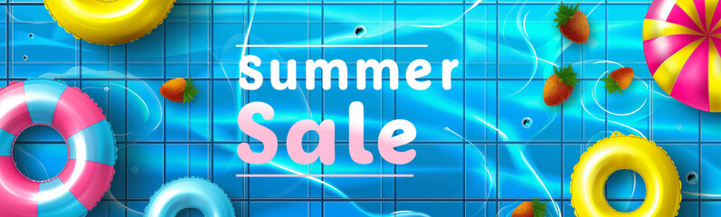 summer sale banner with pool floats and strawberries