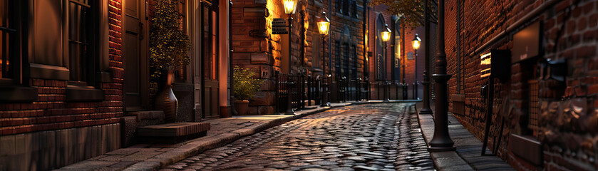 Wall Mural - Historic Streets: Close-up of cobblestone streets, gas lamps, and historic buildings, highlighting the city's historic charm and heritage