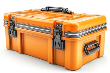 A professional-looking bright orange toolbox isolated on a white background.