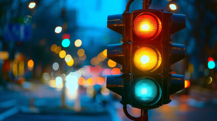 A traffic light with a green light is lit up in the middle of a city street