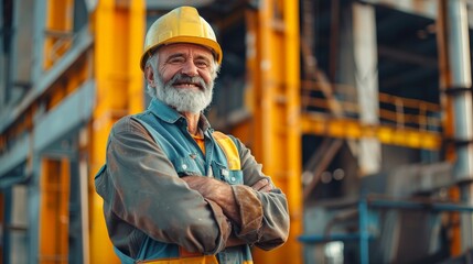 An elderly engineer with a beard and mustache on his face, 
stands and smiles, arms crossed over his chest, at a construction site.
