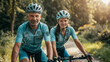© Александр Лобач - Two fun-loving seniors enjoy riding bikes together in the summer to stay fit and healthy. Active elderly couple on bicycles