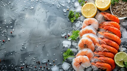 Wall Mural - Sea Food Shrimps With Ice, Herbs, Spices, Lemon And Lime On Black Background. Flat lay, Copy Space.