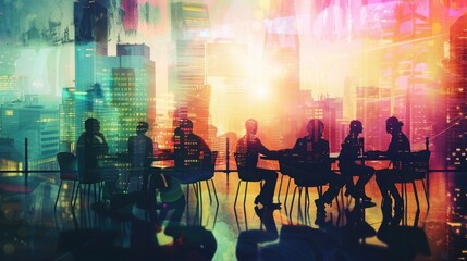 Wall Mural - Silhouettes of business people in meeting at office with double exposure cityscape background. Concept for company, brainstorming and collaboration. high detail, hyper realistic photo watercolor