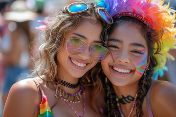 Wall Mural - A close-up shot of two joyful asian women embracing each other tenderly, surrounded by rainbow-colored confetti, as they celebrate their love and commitment during Pride month festivities.