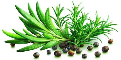 Fresh green organic rosemary leaves and peppercorns isolated on a white background 