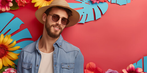 Wall Mural - Stylishly dressed man stands on a red wall background with decorative tropical leaves. Summer sale poster mockup with free space for product placement or advertising text.