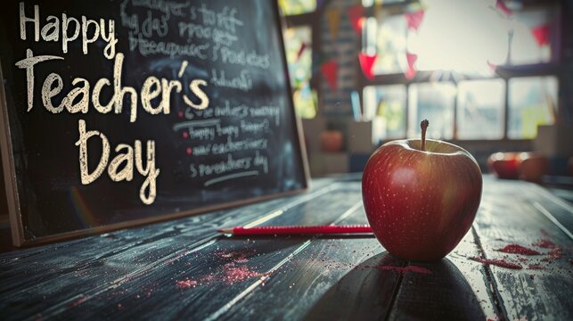 A school blackboard with a text that says Happy Teacher's Day - Teacher's Day concept