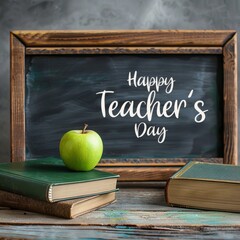 Wall Mural - Teacher's day concept with text saying happy teacher's day with books a school blackboard and apple