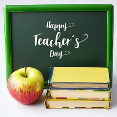 Wall Mural - Teacher's day concept with text saying happy teacher's day with books a school blackboard and apple