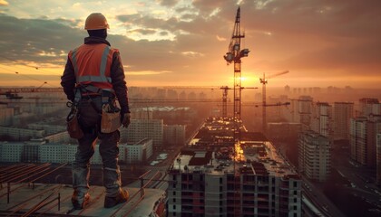 Wall Mural - Construction worker standing on the top of building and looking at the city during sunset