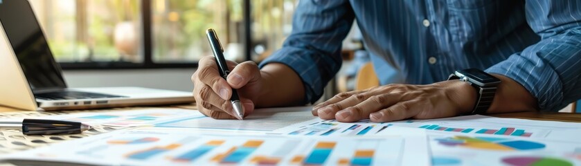 Poster - Person analyzing graphs, data, and charts in a professional office setting. Close-up of hands making notes on documents.