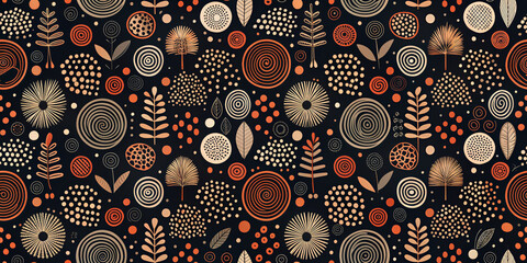 A multitude of abstract botanical shapes and patterns are set against a dark background, with contrasts of warm tones creating a sense of rhythm and repetition, leaves, flowers, geometric patterns.AI 