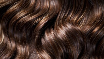 Wall Mural - A closeup of shiny, wavy brown hair with highlights The background is dark and the focus on the hair creates an atmosphere that emphasizes its beauty and texture Generative AI