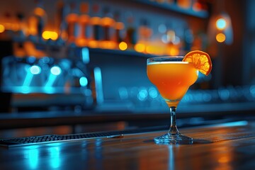 A glass of orange juice with a slice of orange in it sits on a bar counter