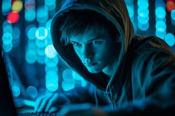 Poster - A young hacker breaks into a secured network concept, AI generated