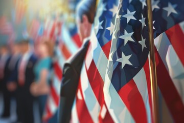 Realistic closeup of a 4th of July flagraising ceremony, with the American flag prominently displayed