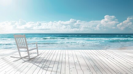 Wall Mural - A serene beachside setting with white wooden flooring, a rocking chair on the left side overlooking calm blue waters and clear skies, and an empty table in front of it