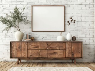 Sticker - A sideboard with wall art mockup hanging on an old white brick wall, with a blank canvas for design space above the cabinet