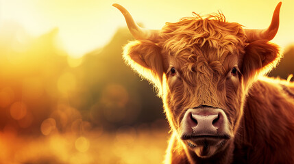 Poster - A brown cow with horns is staring at the camera