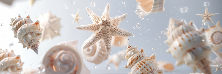 Wall Mural - Floating seashell and starfish with water droplet in dreamy, light background banner. Panoramic web header. Wide screen wallpaper