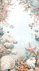 Wall Mural - Shell and coral frame with copy space and underwater elements in pastel color palette