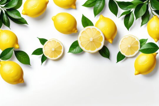 Fresh juicy lemon branch and slices on white background with place for text. Copy space. Citrus fruits cut backdrop. Summer freshness, poster design. Flat lay, top view 