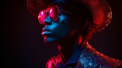Poster - Man wearing a sequin suit - hat and pink sunglasses - stylish - high fashion - photo shoot - model 