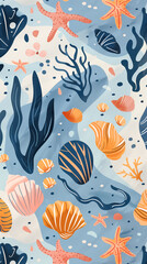 Wall Mural - Pattern with marine life elements including seaweed, shells, and starfish on light blue background