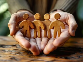 Close-up of hands cradling wooden figures representing unity and diversity, symbolizing togetherness and support