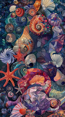 Variety of marine shells and starfish in rich, detailed pattern background