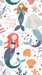 Wall Mural - Cute mermaids, seaweed, shells, and starfish on white background pattern