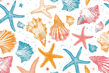 Wall Mural - Pattern with colorful starfish, seashells, coral and seaweed on white background
